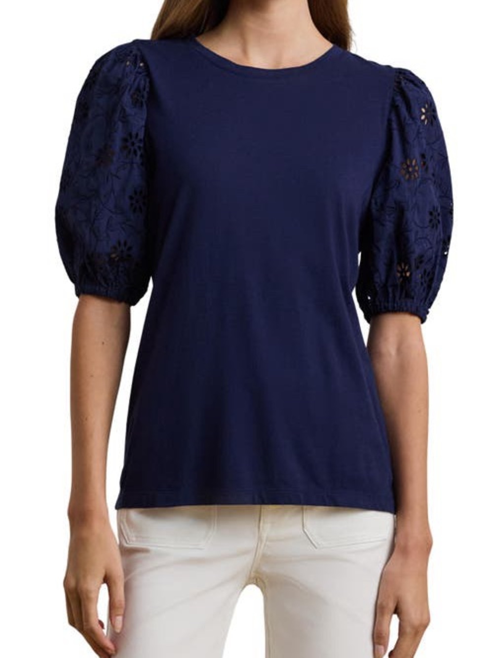 Ralph Lauren Navy Eyelet Puff Sleeve Top Women’s Small